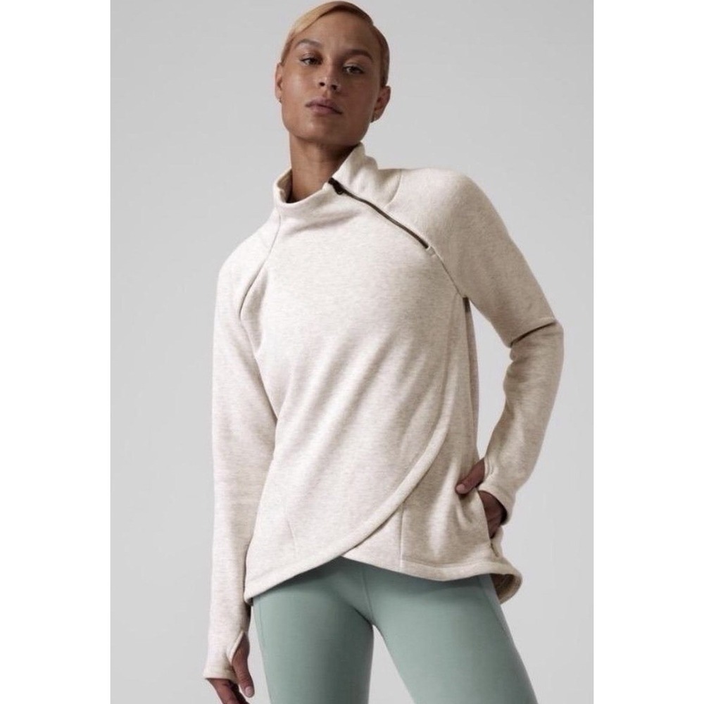 Athleta Cozy Karma Asym Pullover Heather Beige Rose Gold Zipper Size Large $108